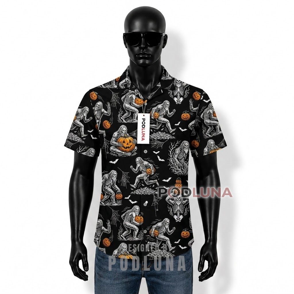 Halloween Bigfoot Skeleton Pumpkin Hawaiian Shirt Front