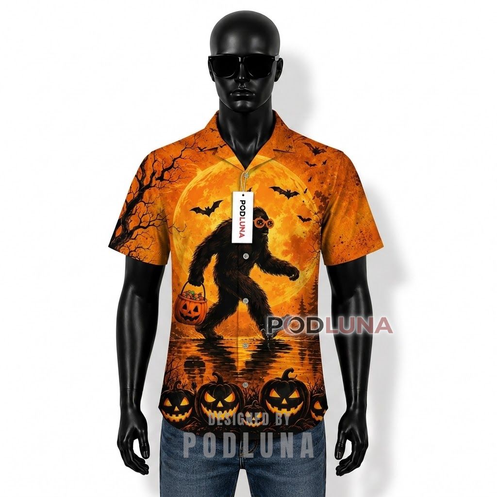 Halloween Bigfoot Trick or Treat Hawaiian Shirt Front