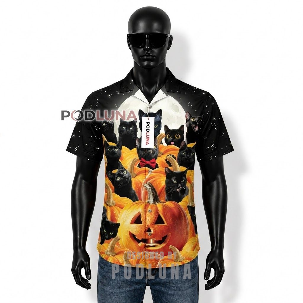 Halloween Black Cat Pumpkin Hawaiian Shirt Front