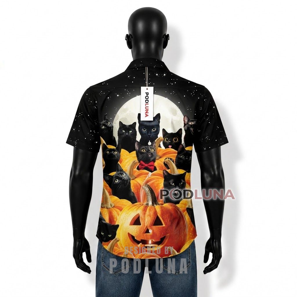 Halloween Black Cat Pumpkin Hawaiian Shirt Back Halloween Black Cat Pumpkin Hawaiian Shirt Back