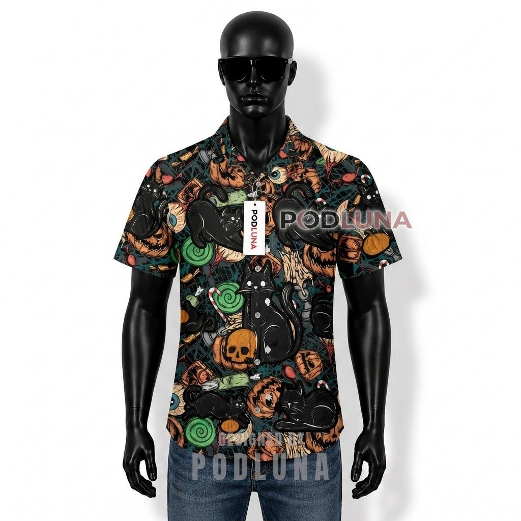 Halloween Black Cat Skull Candy Hawaiian Shirt Front