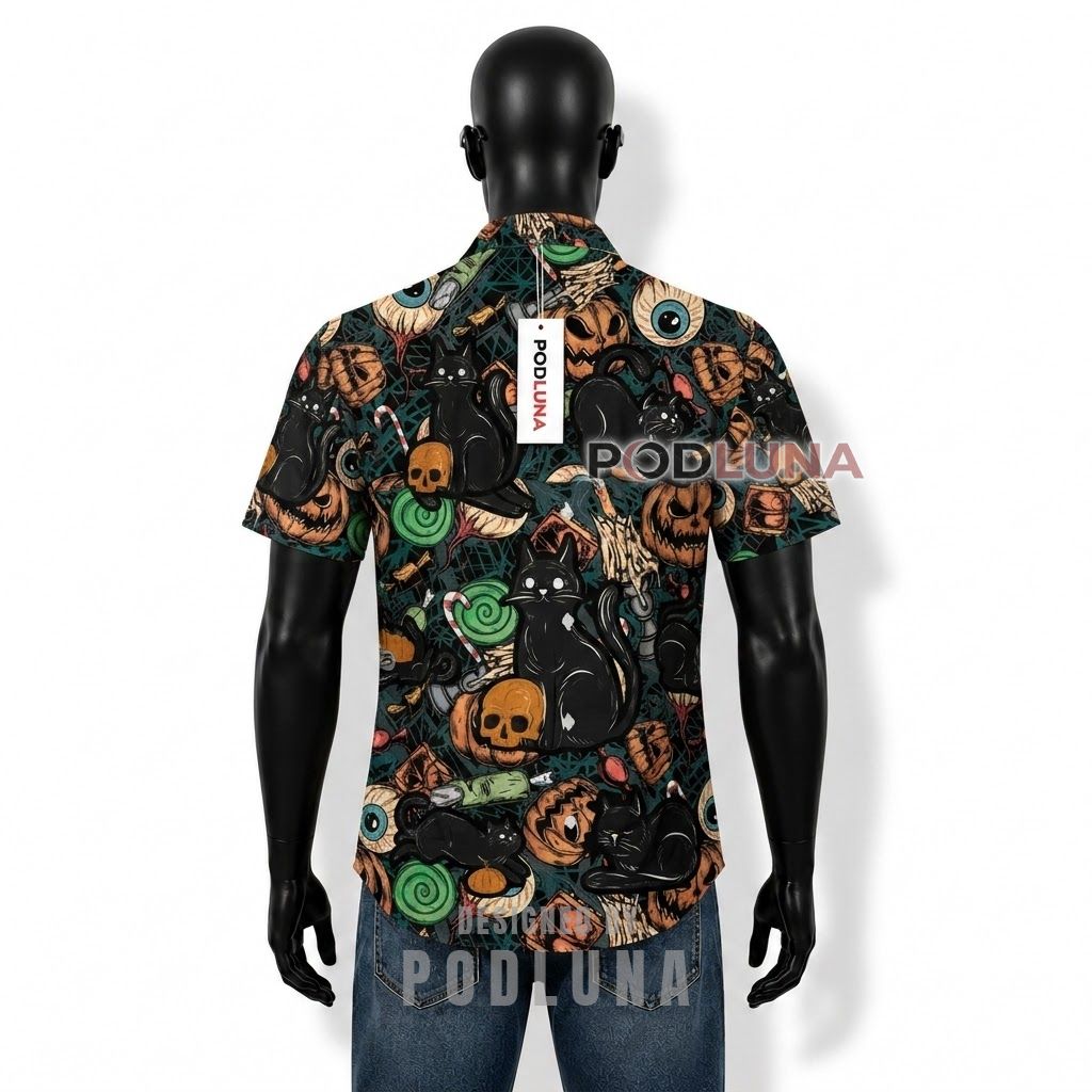 Halloween Black Cat Skull Candy Hawaiian Shirt Back Halloween Black Cat Skull Candy Hawaiian Shirt Back