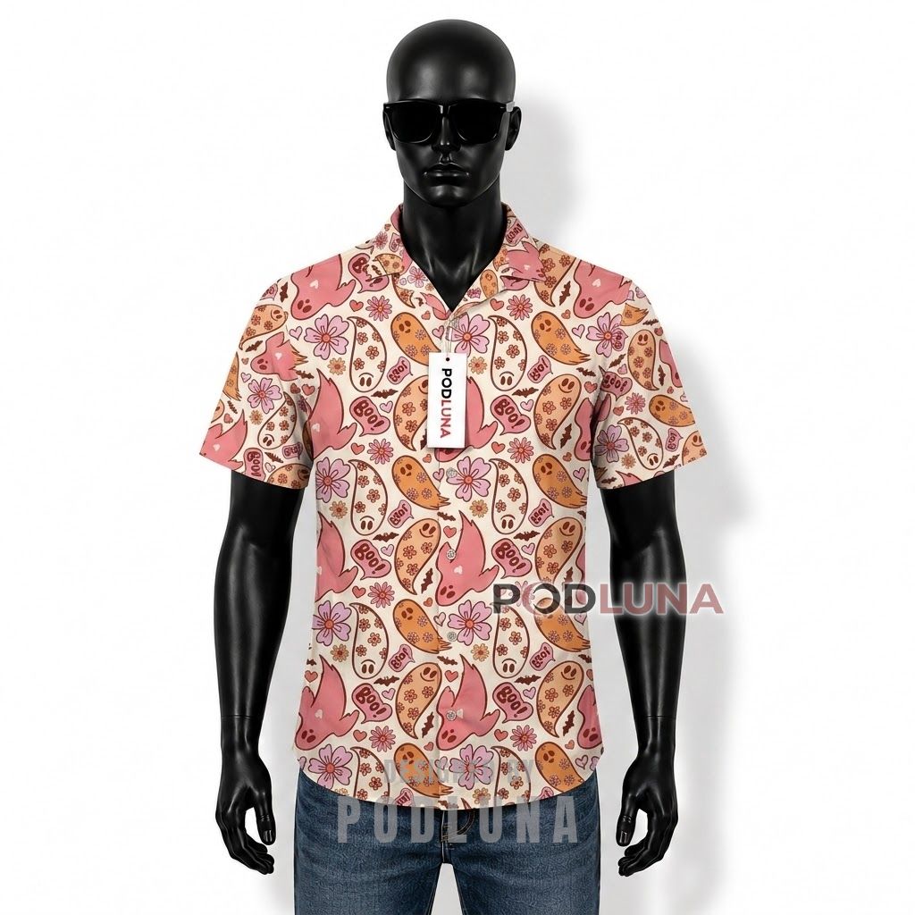 Halloween Boo Ghost Floral Hawaiian Shirt Front