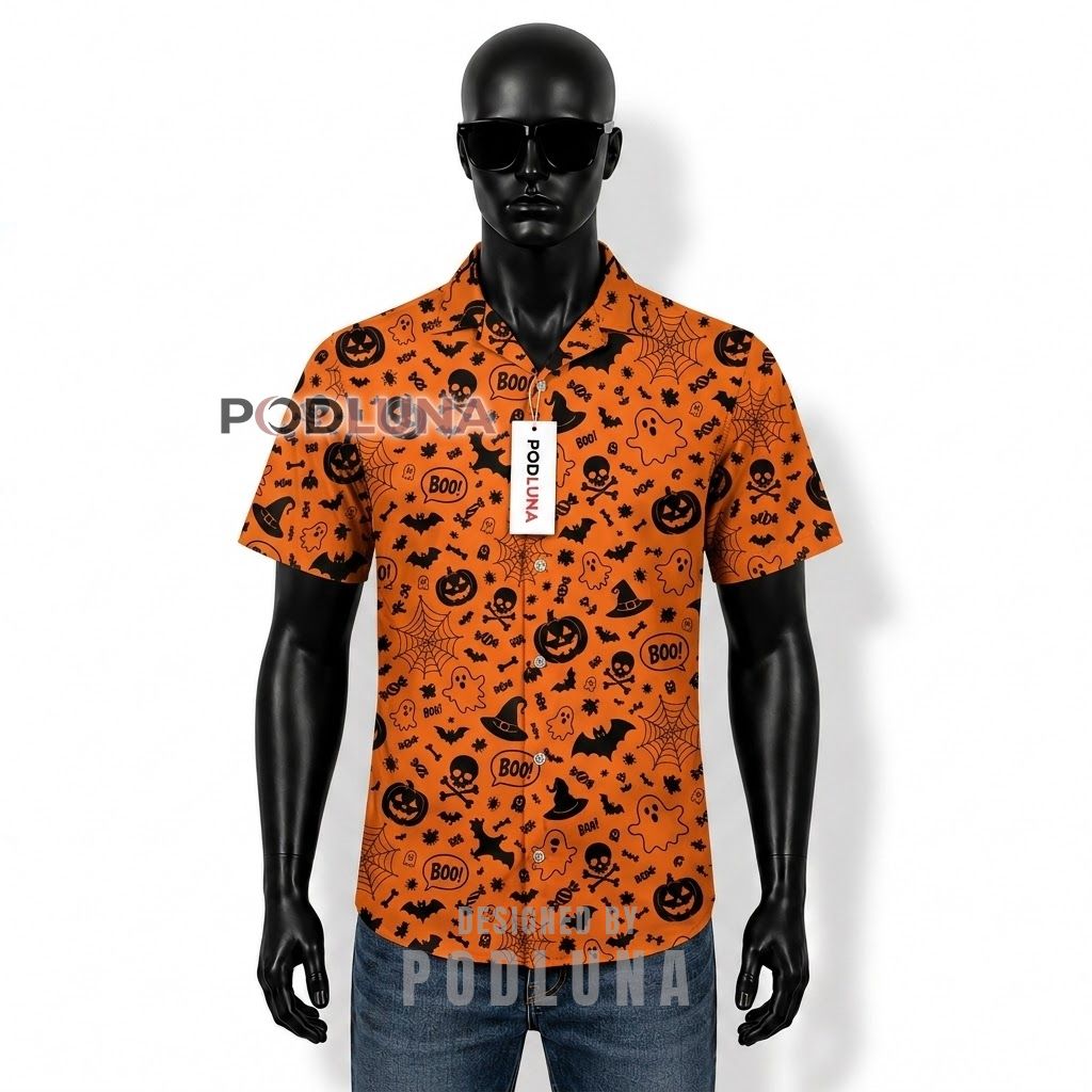 Halloween Boo Ghost Pumpkin Hawaiian Shirt Front