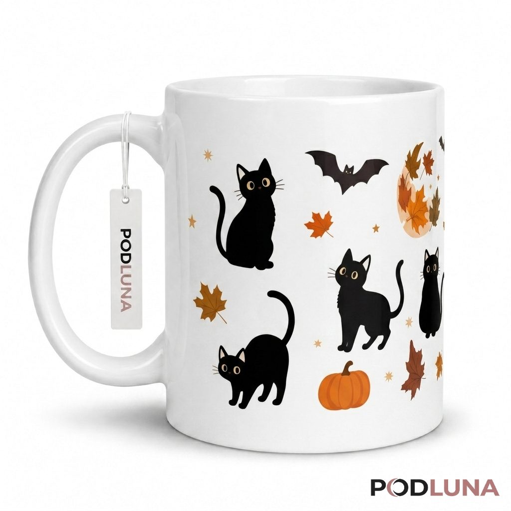 Halloween Cat Mug Black Cats Pumpkin Bat Pattern 1