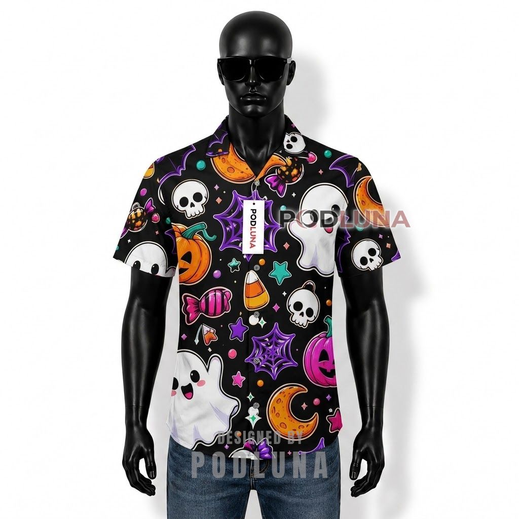 Halloween Cute Ghost Pumpkin Hawaiian Shirt Front