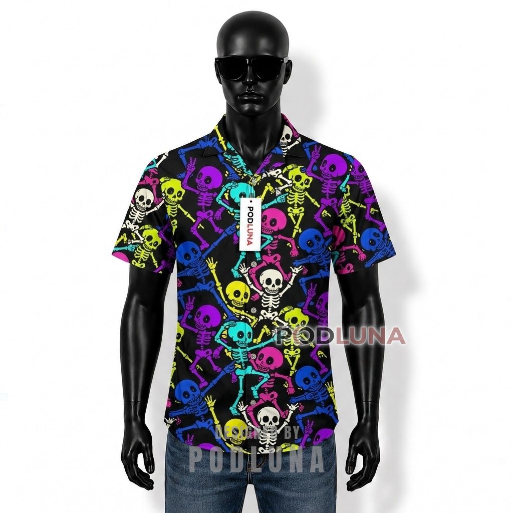 Halloween Dancing Skeleton Colorful Hawaiian Shirt Front