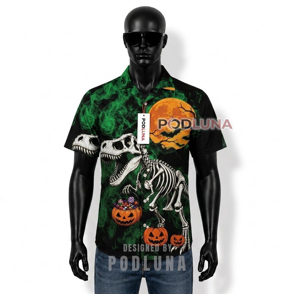 Halloween Dinosaur Skeleton Trick or Treat Hawaiian Shirt Front
