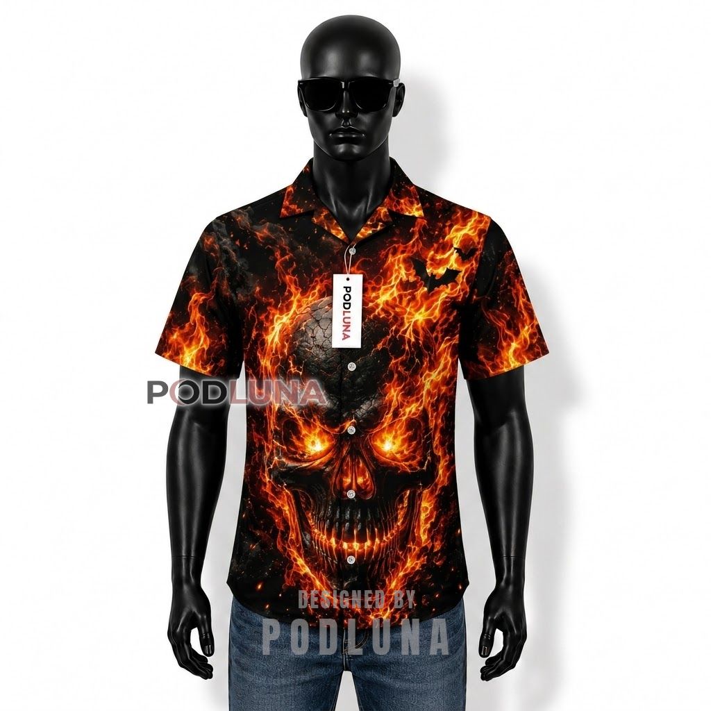 Halloween Fire Skull Flame Hawaiian Shirt Front