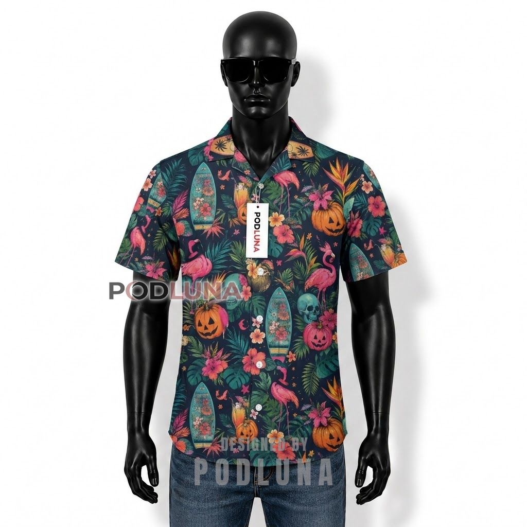 Halloween Flamingo Skull Tropical Hawaiian Shirt Front