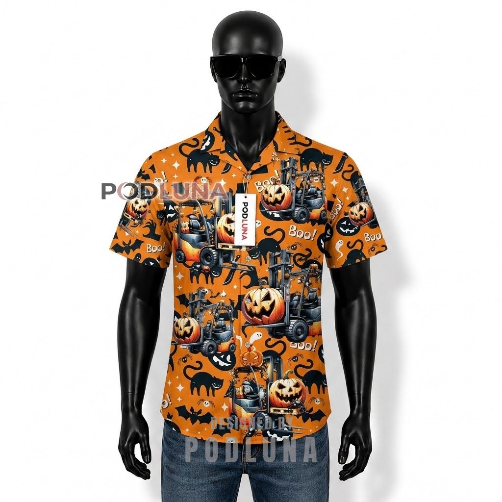 Halloween Forklift Pumpkin Boo Hawaiian Shirt Front