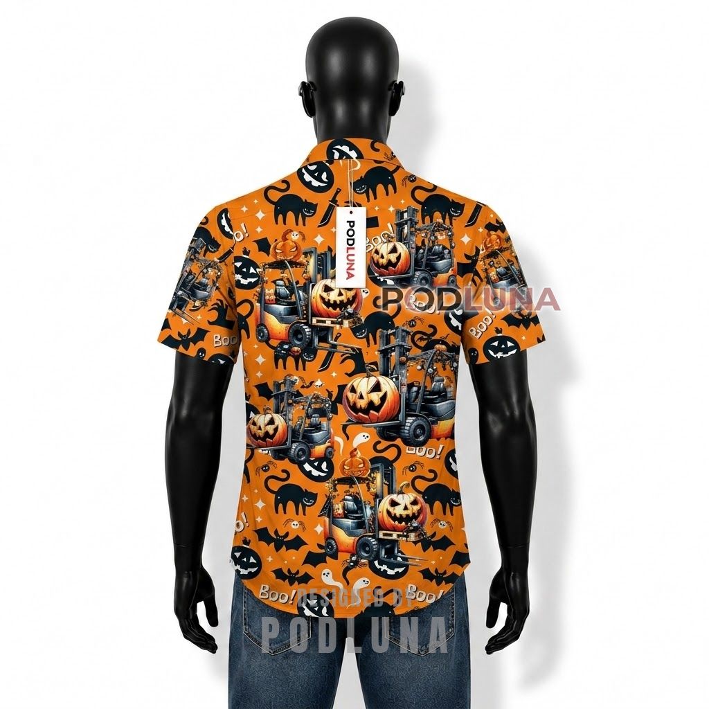 Halloween Forklift Pumpkin Boo Hawaiian Shirt Back Halloween Forklift Pumpkin Boo Hawaiian Shirt Back