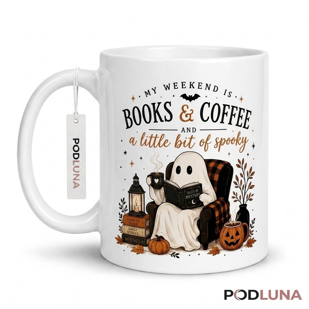 Halloween Ghost Mug Books Coffee Spooky Weekend 1