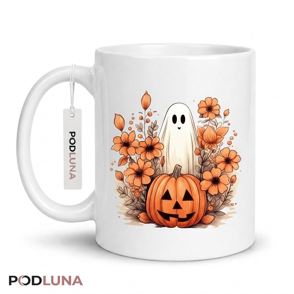 Halloween Ghost Mug Floral Pumpkin Cute Autumn 1