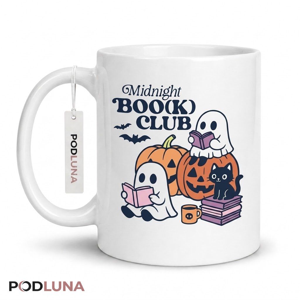 Halloween Ghost Mug Midnight Book Club Cat Pumpkin 1