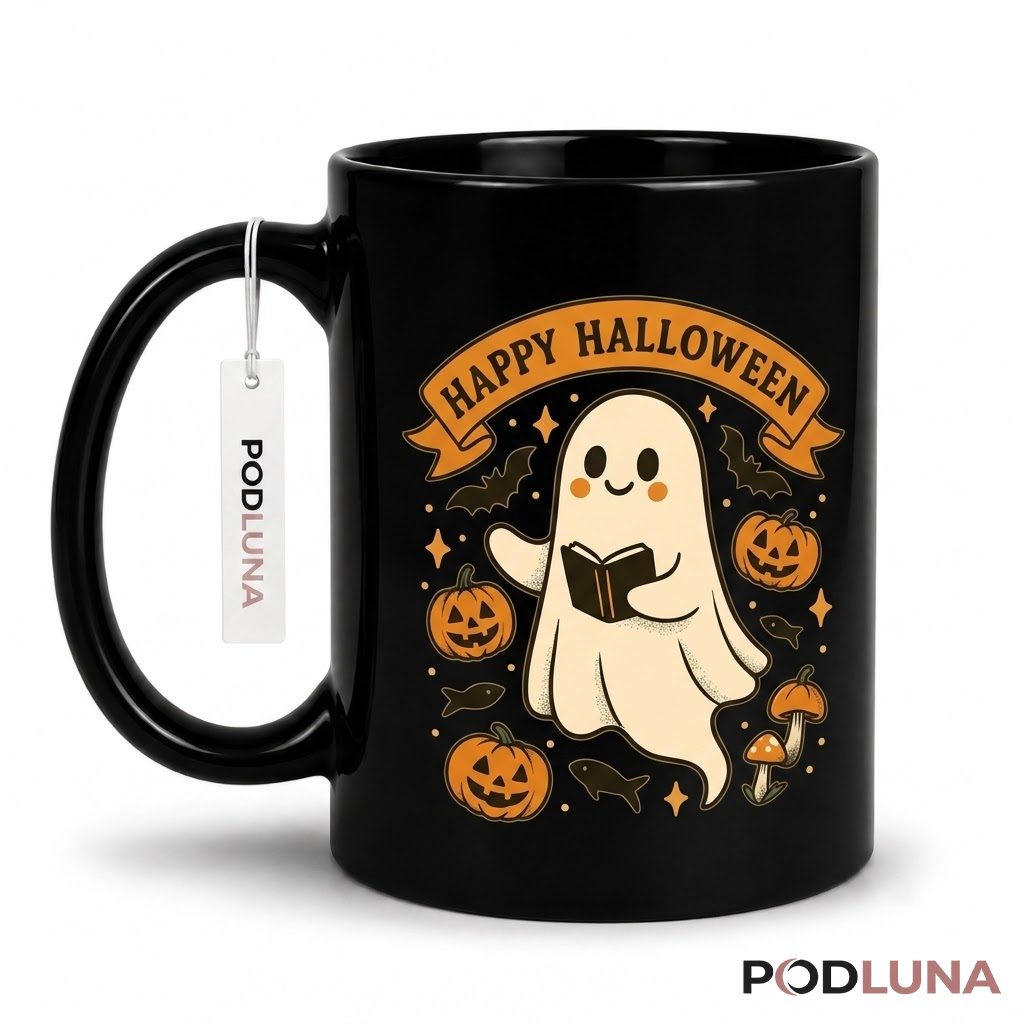 Halloween Ghost Mug Reading Library Skeleton Pumpkin 1
