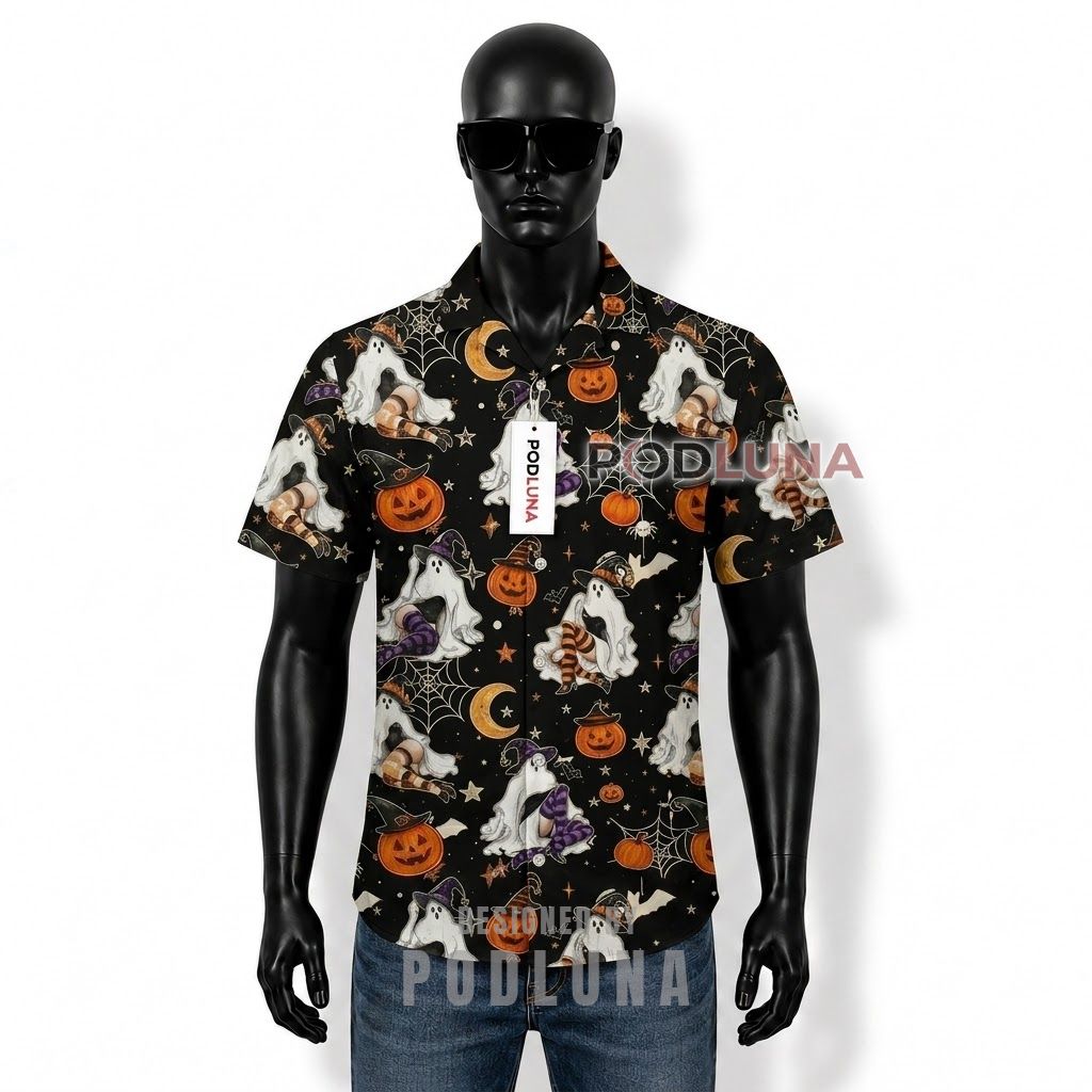 Halloween Ghost Pumpkin Hawaiian Shirt Front