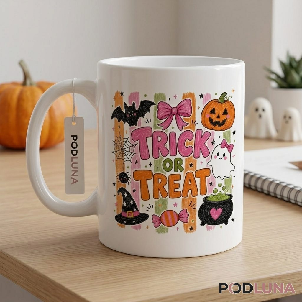 Halloween Mug Trick Or Treat Pink Pumpkin Ghost Bat 2 Halloween Mug Trick Or Treat Pink Pumpkin Ghost Bat 2