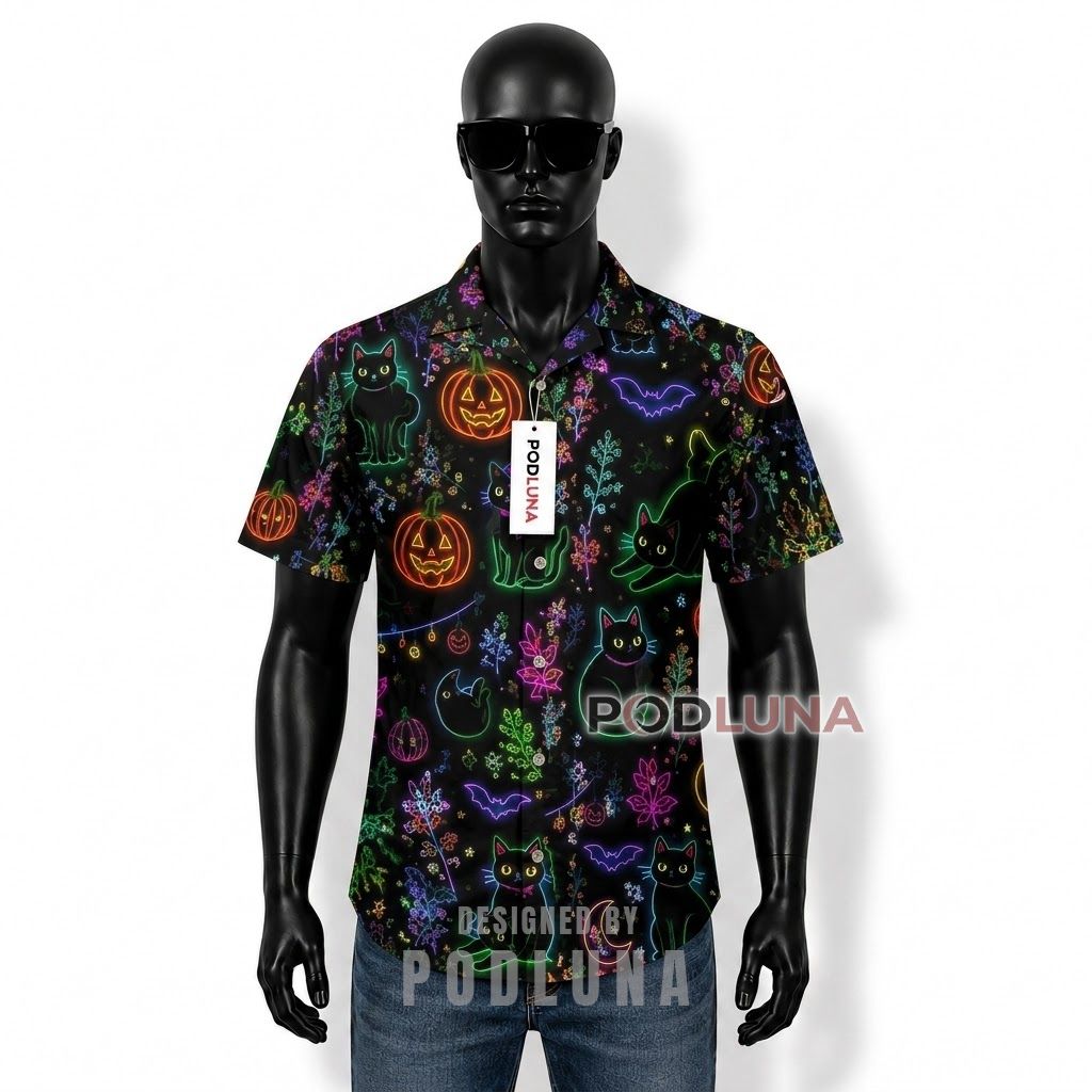 Halloween Neon Black Cat Pumpkin Hawaiian Shirt Front