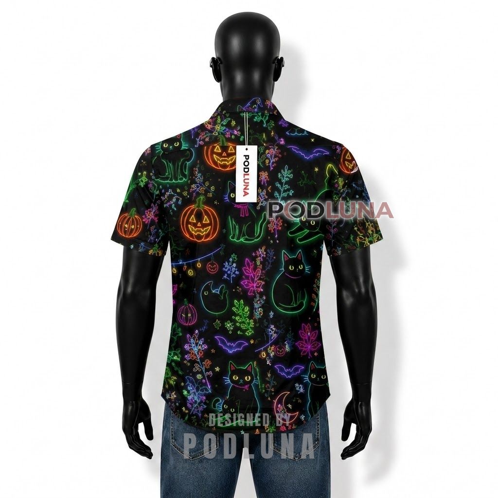 Halloween Neon Black Cat Pumpkin Hawaiian Shirt Back Halloween Neon Black Cat Pumpkin Hawaiian Shirt Back