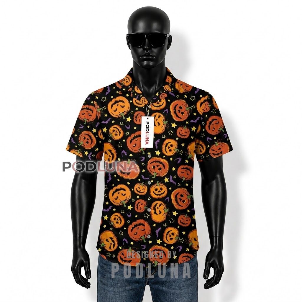 Halloween Pumpkin Bat Cartoon Hawaiian Shirt Front