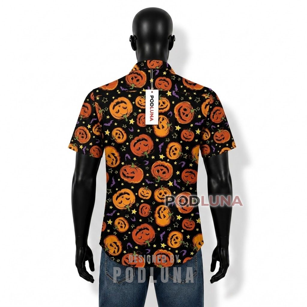 Halloween Pumpkin Bat Cartoon Hawaiian Shirt Back Halloween Pumpkin Bat Cartoon Hawaiian Shirt Back