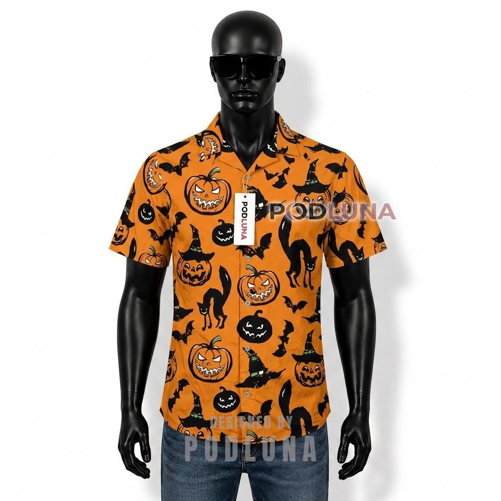 Halloween Pumpkin Black Cat Hawaiian Shirt for Men Front
