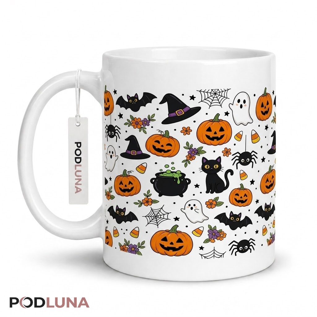 Halloween Pumpkin Mug Cute Pattern Ghost Cat Witch 1