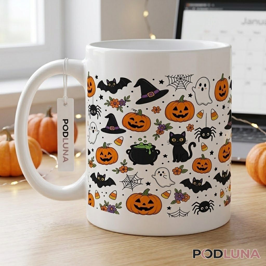 Halloween Pumpkin Mug Cute Pattern Ghost Cat Witch 2 Halloween Pumpkin Mug Cute Pattern Ghost Cat Witch 2