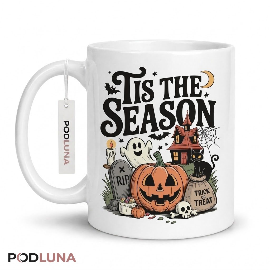 Halloween Pumpkin Mug Tis The Season Ghost Graveyard Cat 1