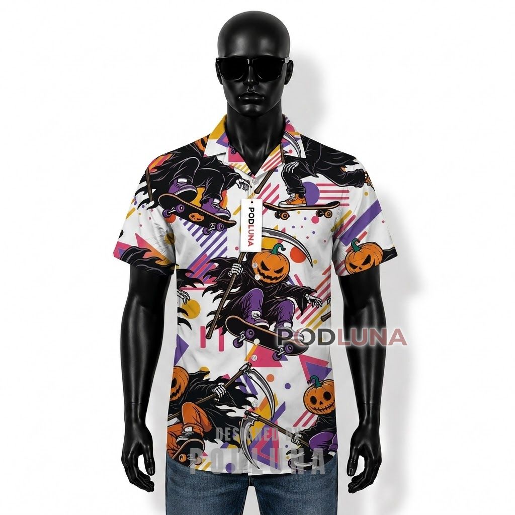 Halloween Pumpkin Reaper Skateboard Hawaiian Shirt Front