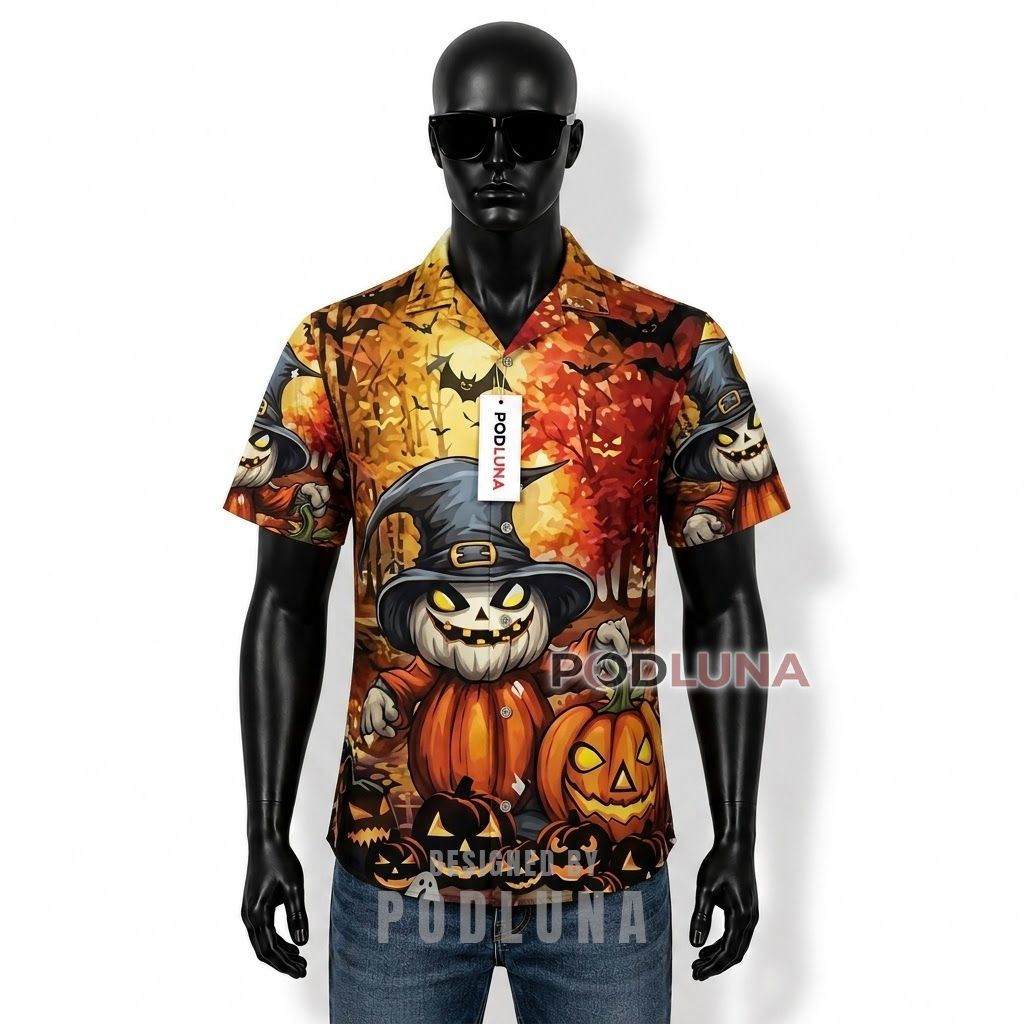 Halloween Pumpkin Witch Hawaiian Shirt for Men Front