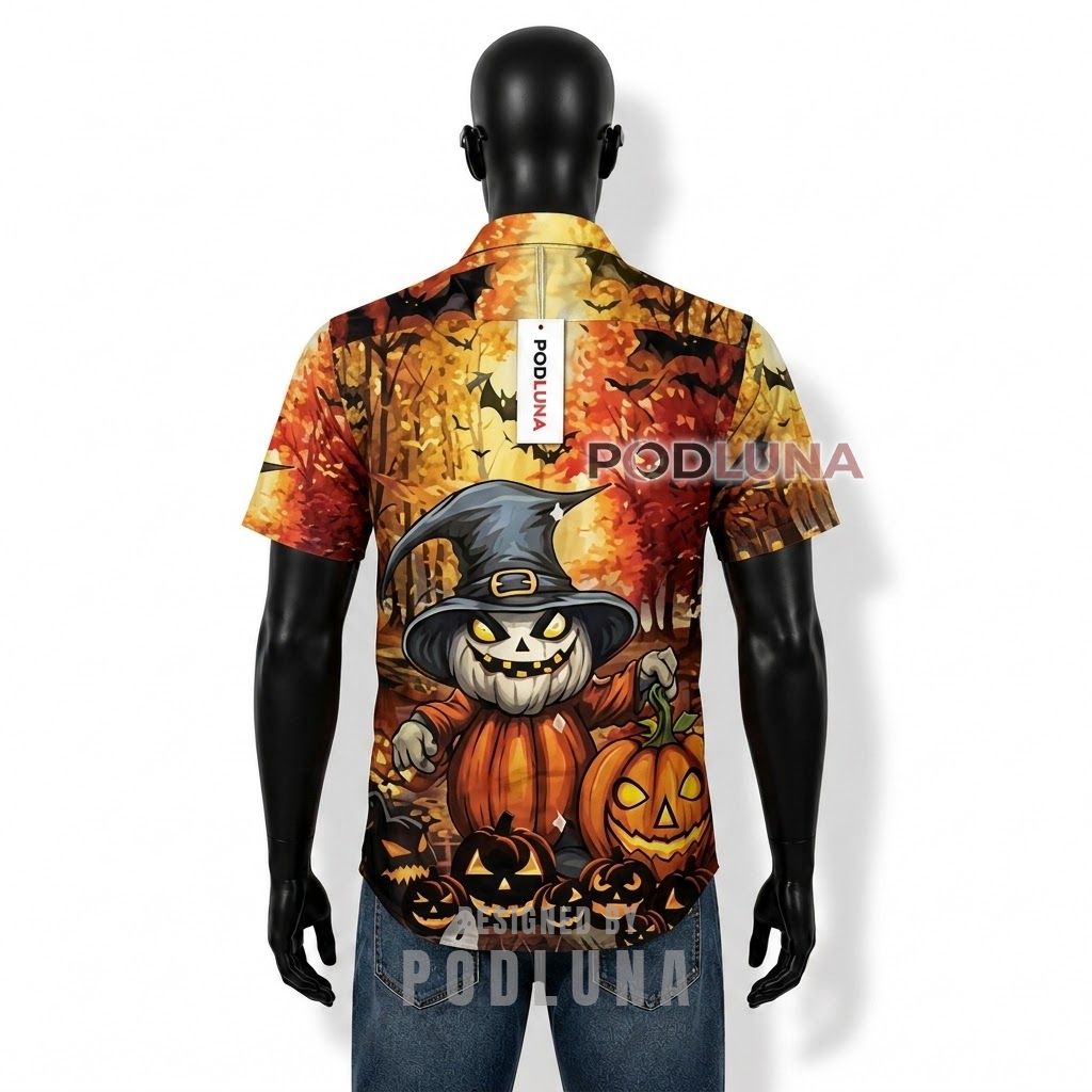 Halloween Pumpkin Witch Hawaiian Shirt for Men Back Halloween Pumpkin Witch Hawaiian Shirt for Men Back