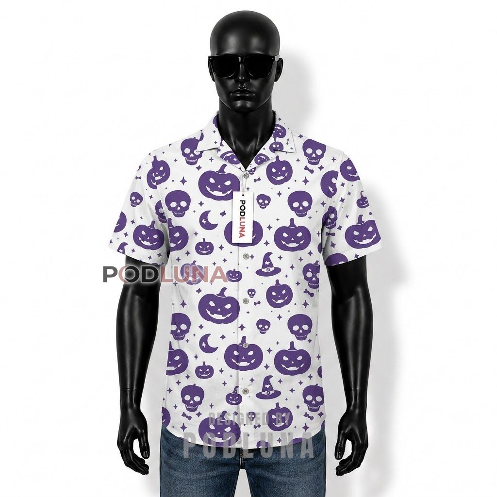 Halloween Purple Pumpkin Skull Hawaiian Shirt Front