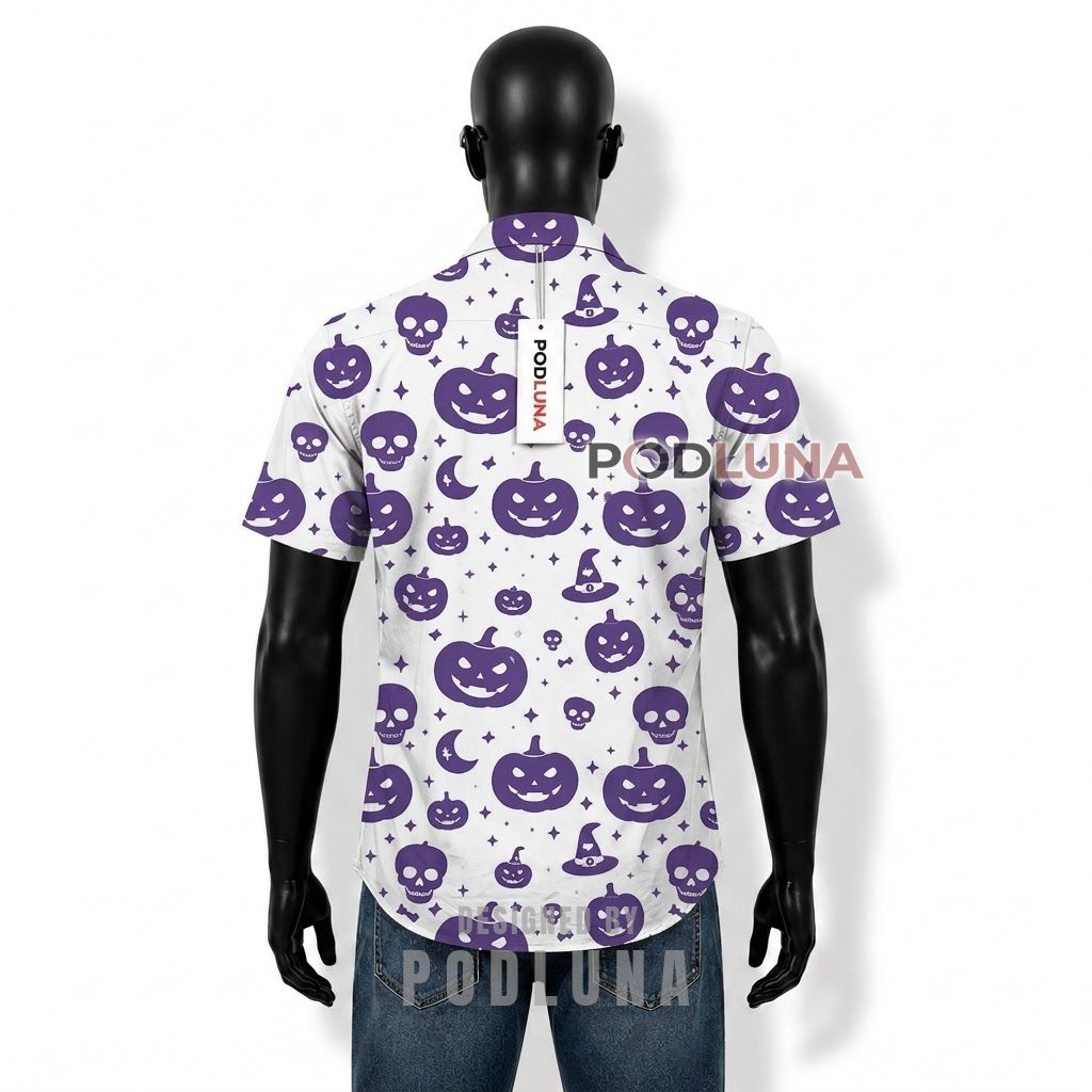 Halloween Purple Pumpkin Skull Hawaiian Shirt Back Halloween Purple Pumpkin Skull Hawaiian Shirt Back