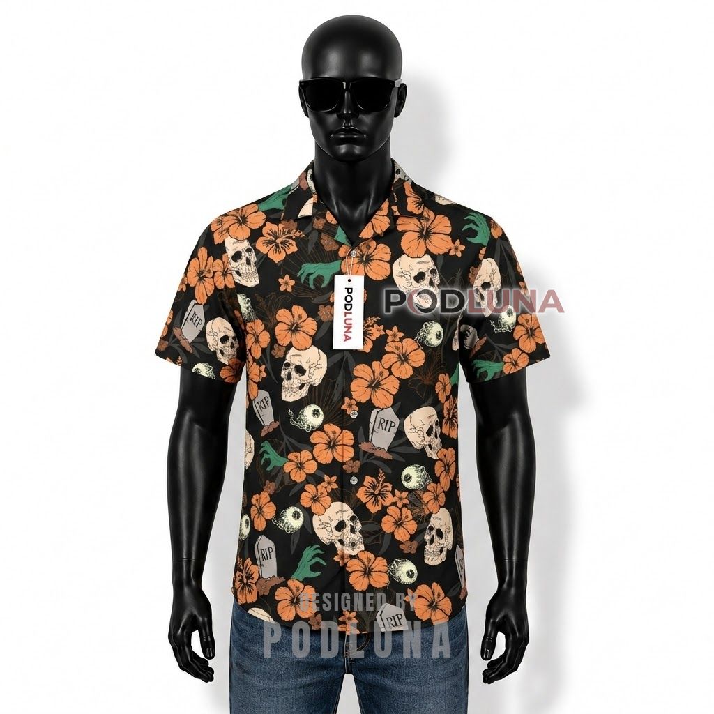 Halloween RIP Skull Tropical Hawaiian Shirt Front