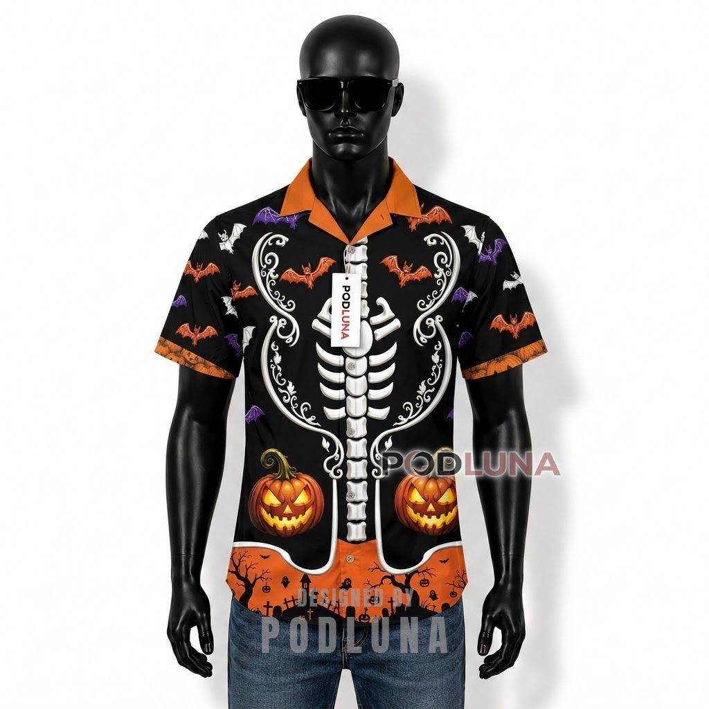 Halloween Skeleton Bat Costume Hawaiian Shirt Front