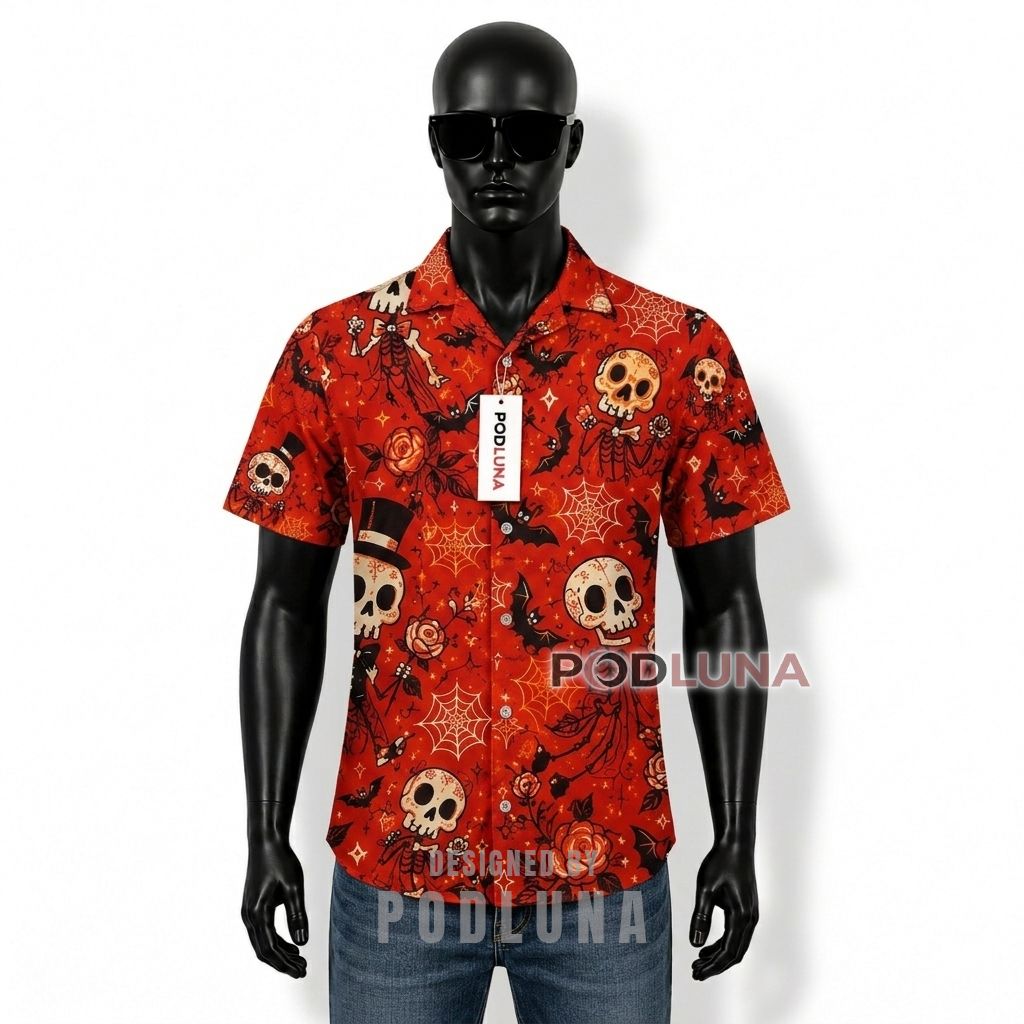 Halloween Skeleton Couple Rose Hawaiian Shirt Front