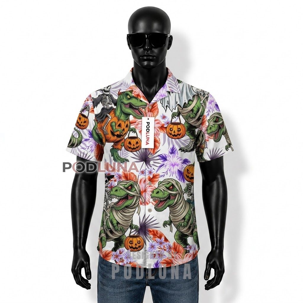 Halloween Skeleton Dinosaur Tropical Hawaiian Shirt Front