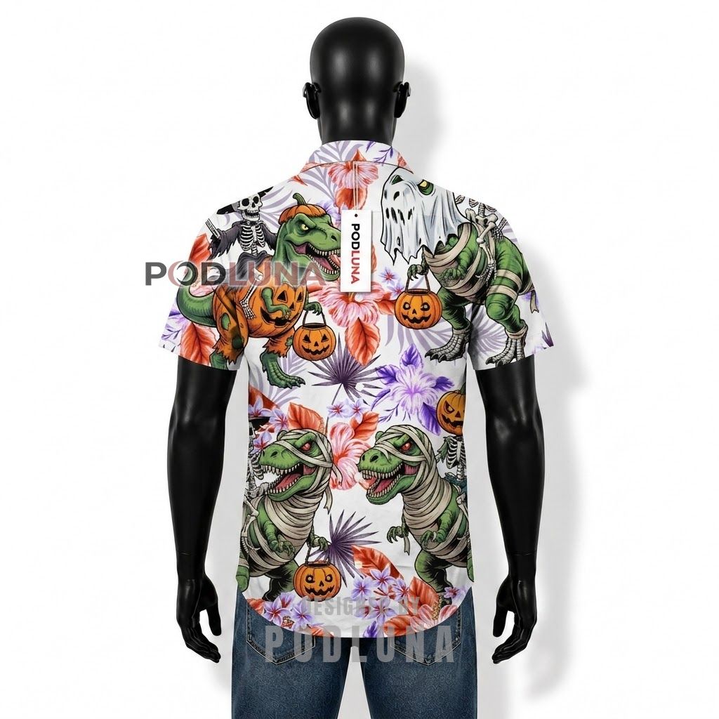 Halloween Skeleton Dinosaur Tropical Hawaiian Shirt Back Halloween Skeleton Dinosaur Tropical Hawaiian Shirt Back