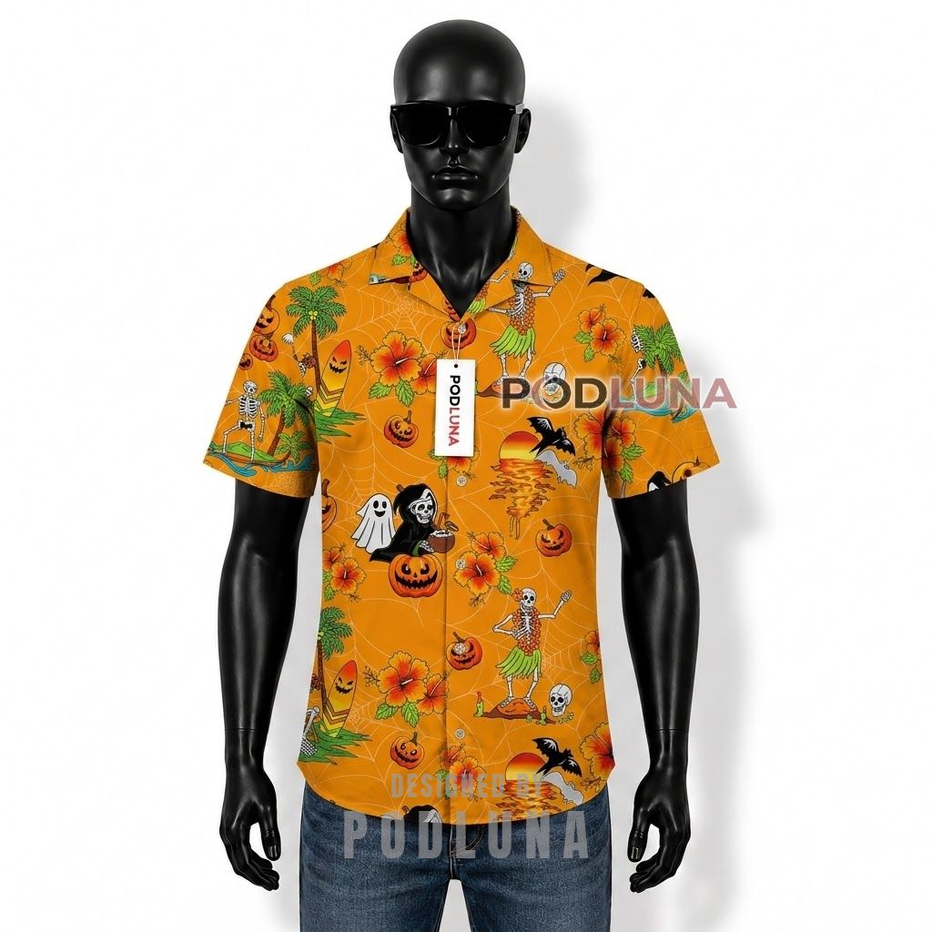 Halloween Skeleton Grim Reaper Beach Hawaiian Shirt Front