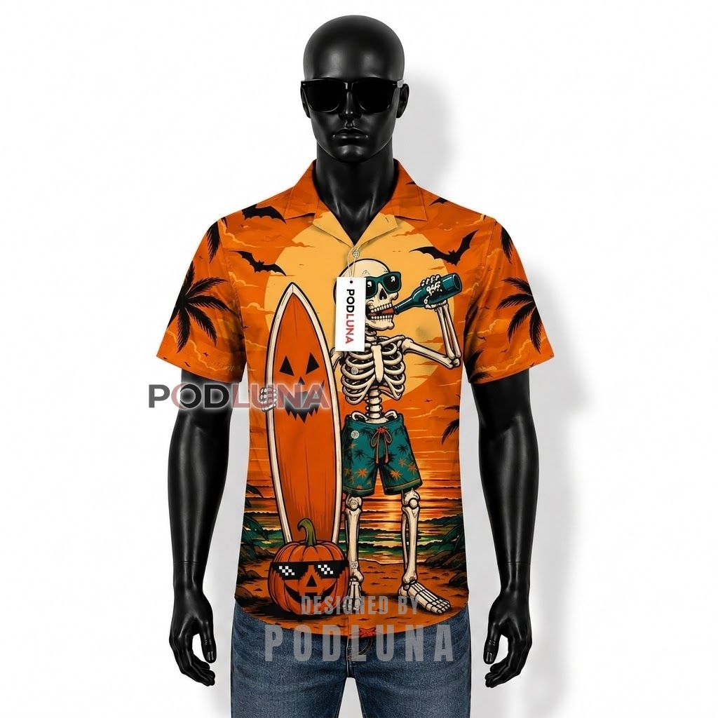 Halloween Skeleton Surfing Beach Hawaiian Shirt Front