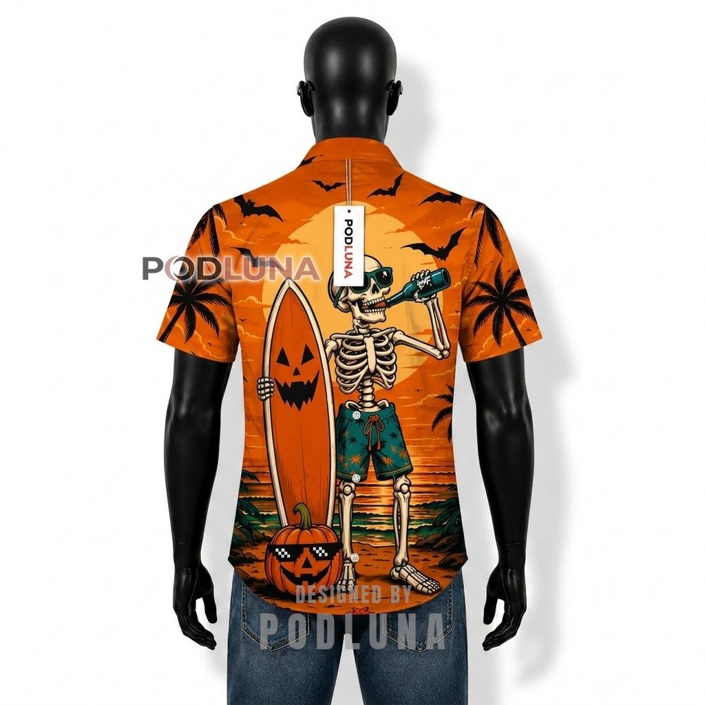 Halloween Skeleton Surfing Beach Hawaiian Shirt Back Halloween Skeleton Surfing Beach Hawaiian Shirt Back