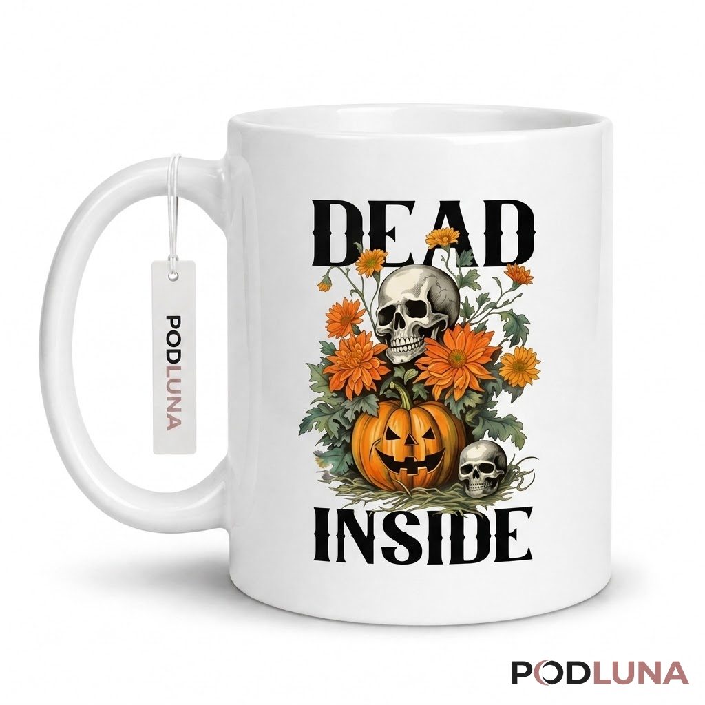 Halloween Skull Mug Dead Inside Pumpkin Floral 1