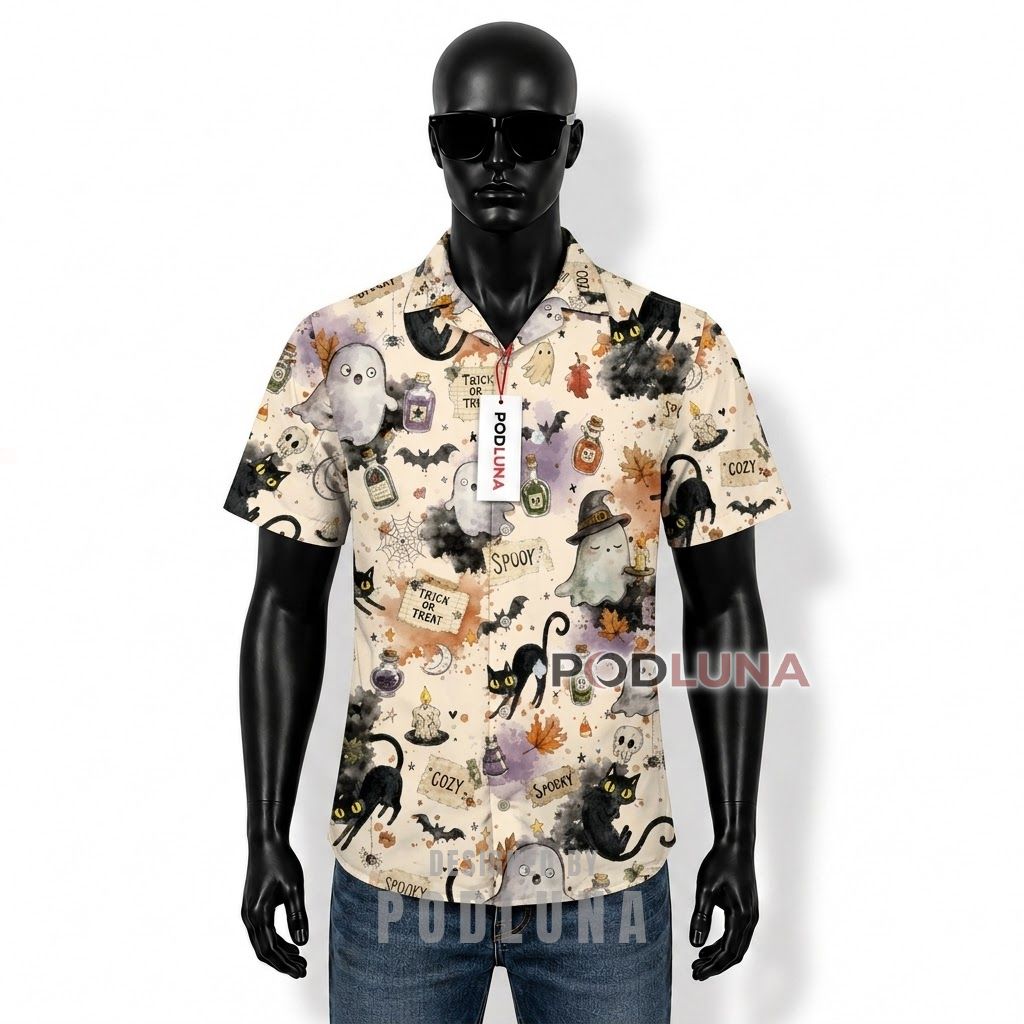 Halloween Spooky Ghost Black Cat Hawaiian Shirt Front
