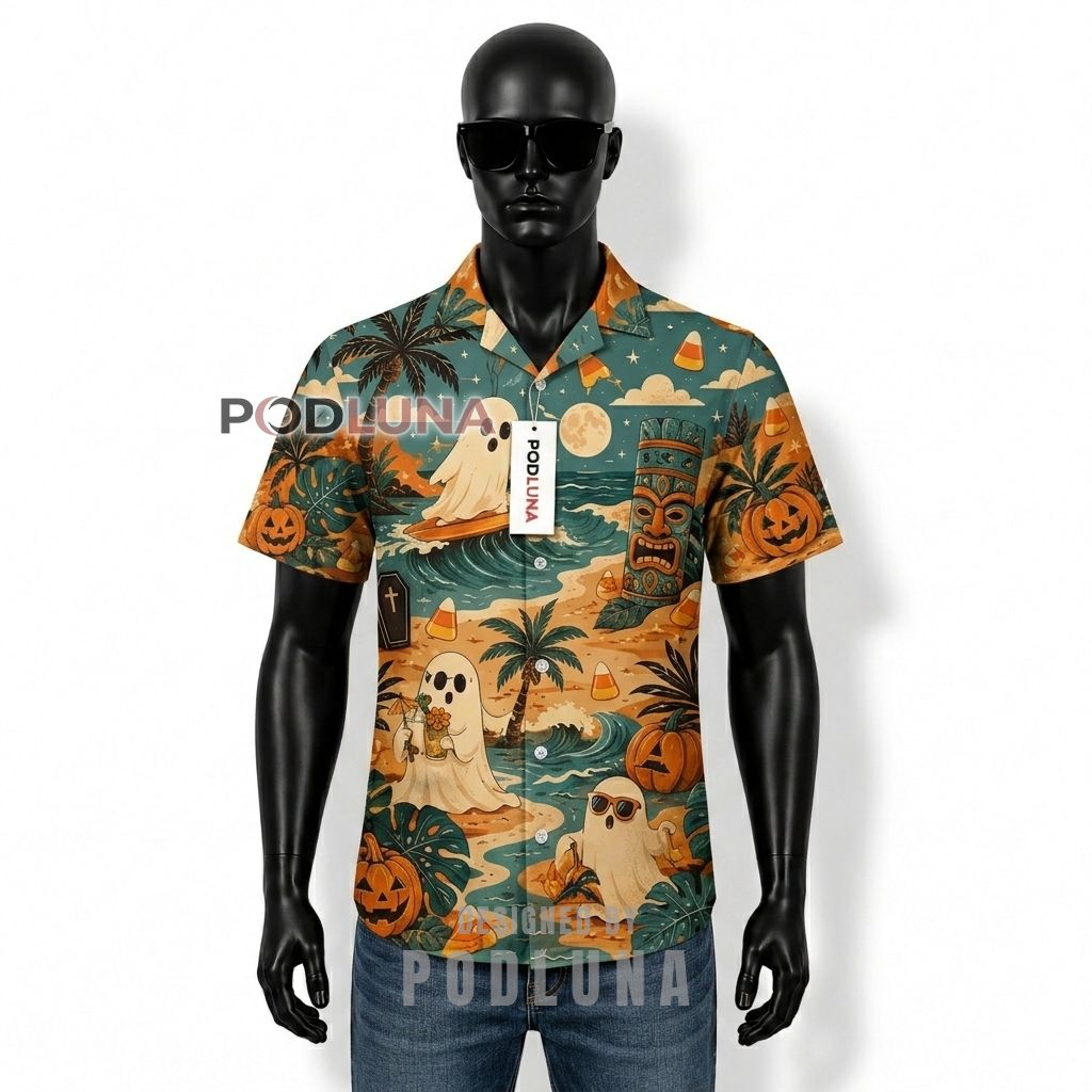 Halloween Surfing Ghost Pumpkin Tropical Hawaiian Shirt Front