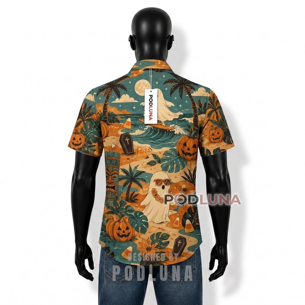 Halloween Surfing Ghost Pumpkin Tropical Hawaiian Shirt Back Halloween Surfing Ghost Pumpkin Tropical Hawaiian Shirt Back