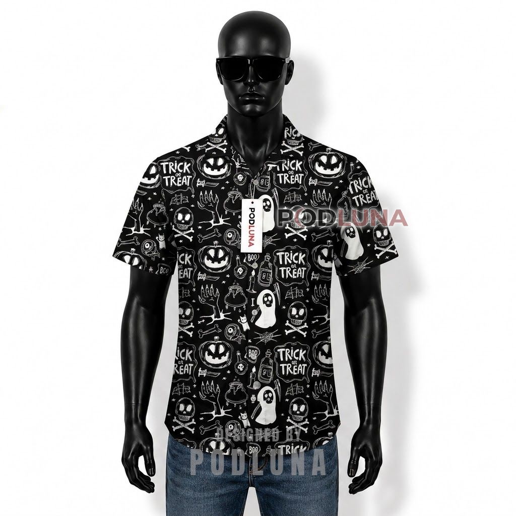 Halloween Trick or Treat Skull Hawaiian Shirt Front