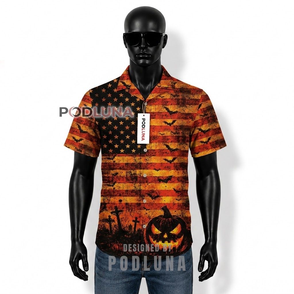 Halloween US Flag Pumpkin Hawaiian Shirt Front