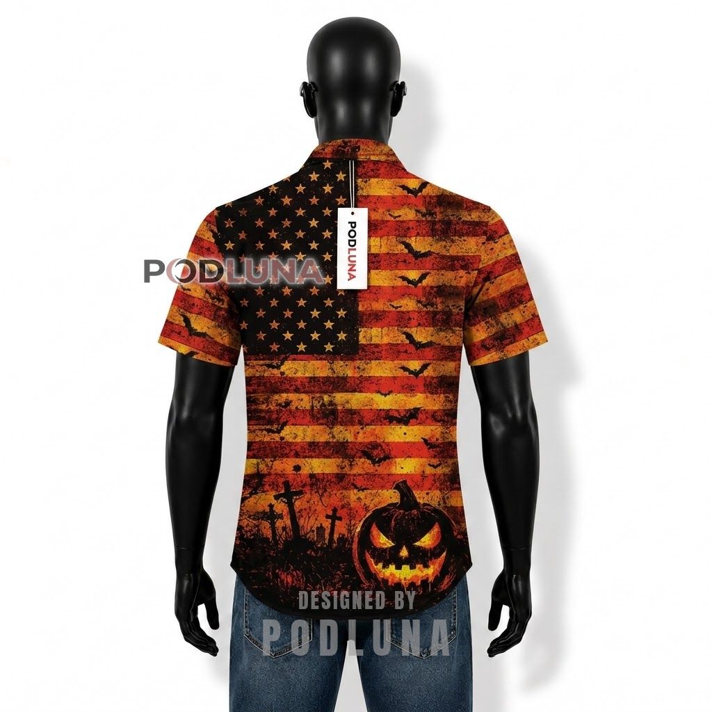 Halloween US Flag Pumpkin Hawaiian Shirt Back Halloween US Flag Pumpkin Hawaiian Shirt Back
